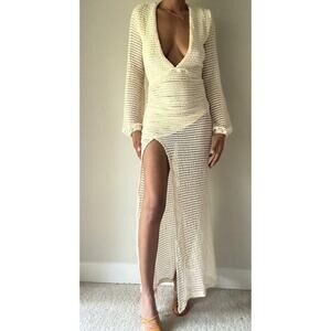 Fore Fly Me Out Cream Plunging Neckline Crochet Maxi Dress, S